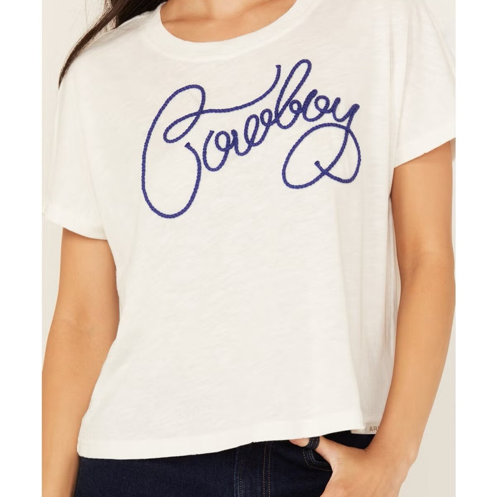 Ariat Cowboy Embroidery Crop Tee Cotton Blend Womens Large Western Rodeo Boxy